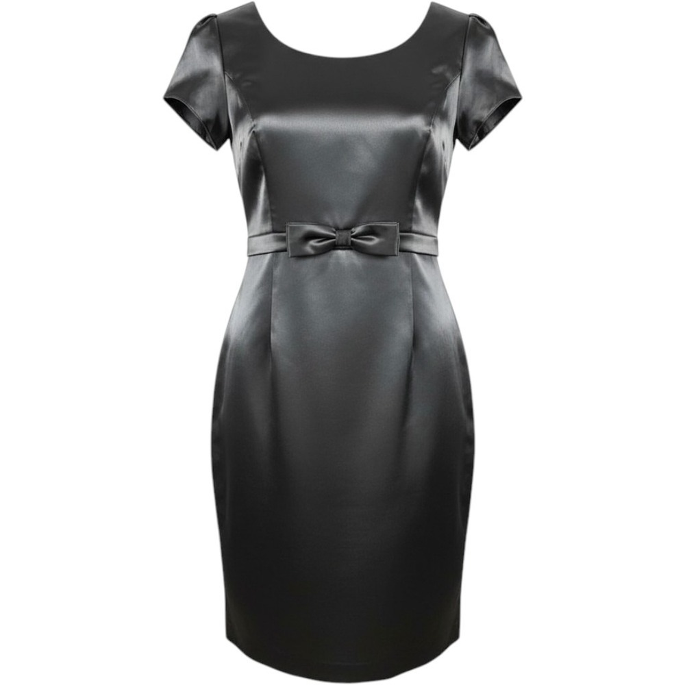 Black Satin Sheath Cocktail Dress Large Bow Waist Puff Sleeve Retro Y2K Party